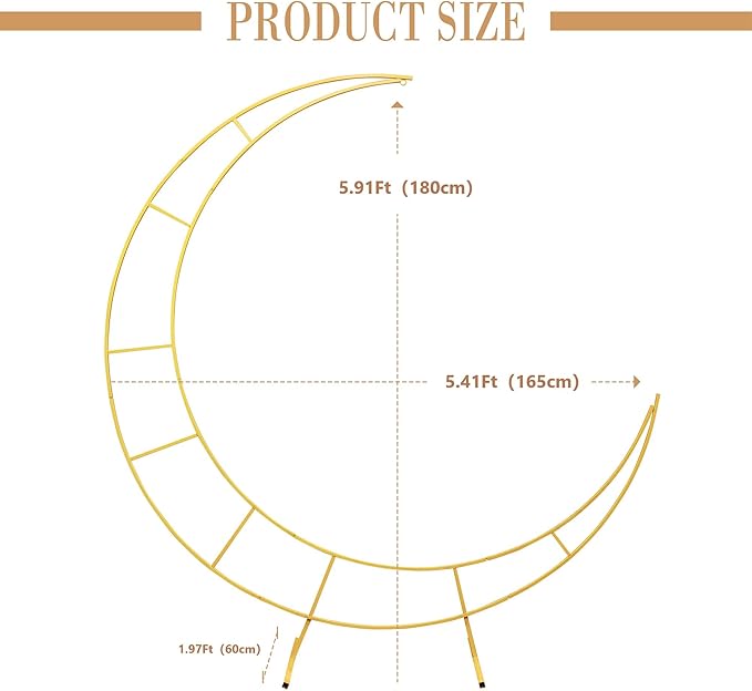5.9 Feet Moon Shaped Wedding Arch Backdrop Stand Gold Frame for Festival Decorations Easy Assembly Rustproof Reusable Iron Material Ideal for Wedding Venue and Party Balloon Arch Display
