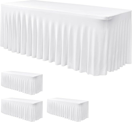 Nasitos White Table Skirt for 8 Foot Rectangle Tables, 4 Pack - 96 x 30 Inch - Stretch Spandex Fitted Table Clothes, Fabric Table Covers Cocktail Tablecloths for Party, Banquet, Birthday