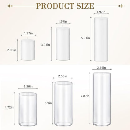 24 PCS Ivory White Pillar Candles with Glass Candle Holders Clear Hurricane Candle Holders Glass Cylinder Vases for Centerpieces Wedding Party, Event, Home Office (12 Candles+12 Candle Hoders)