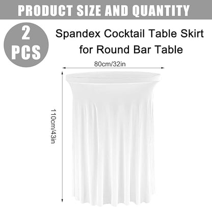 Fivenl 2 Pack Spandex Cocktail Table Skirt 32"x 43" White Stretch Cocktail Table Cover, Washable Round High Top Tablecloth for Bar, Wedding, Party, Events (White)