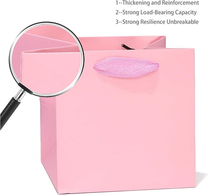 Pink Paper Gift Bag 4 in Paper Gift Box Small Square Bottom Kraft Paper Bags with Handles for Wedding Baby Shower Birthday Party (Pink, 4 x 4 x 4 in, 10 CT)
