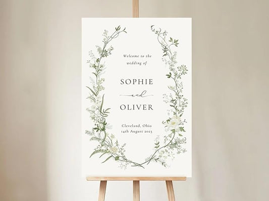 Personalized Wedding Welcome Sign, Greenery White And Green Floral Wedding Sign Signage 12" X 18" (Small), 27" (Medium), 36" (Large), Plastic, Modern, Pole Mount, Weather