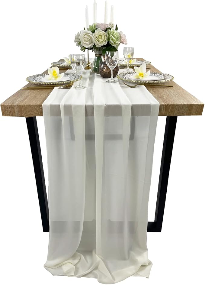 EHLDekol 13ft Ivory Chiffon Table Runner, 29x156 Inches Romantic and Rustic Boho Wedding Runner, Sheer Bridal Party Decorations