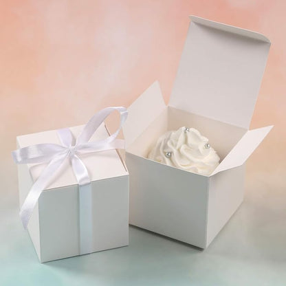 COTOPHER 100pcs Wedding Favor Boxes, Paper Gift Boxes 3x3x3 Inches Small Gift Boxes with Ribbons Small Boxes for Gifts, Crafting, Cupcake, Candy, Bridesmaid Proposal Boxes，Easy Assemble Boxes (White)