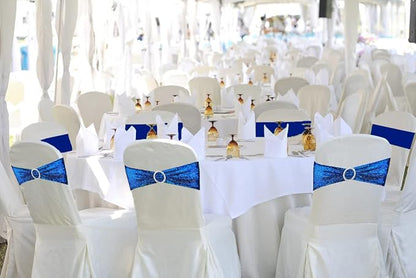 10 Pcs Chair Sashes Sequin Stretch Chair Bands Spandex Polyester Bows for Party Hotel Wedding Banquets Decoration - Royal Blue