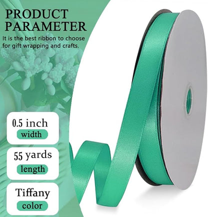 Aqua Satin Ribbon Double Faced Satin 1/2 inch x 55 Yards Polyester Ribbon for Gift Wrapping Crafts Wedding Decoration Bows Ornaments Party Bouquet Floral Arrangement