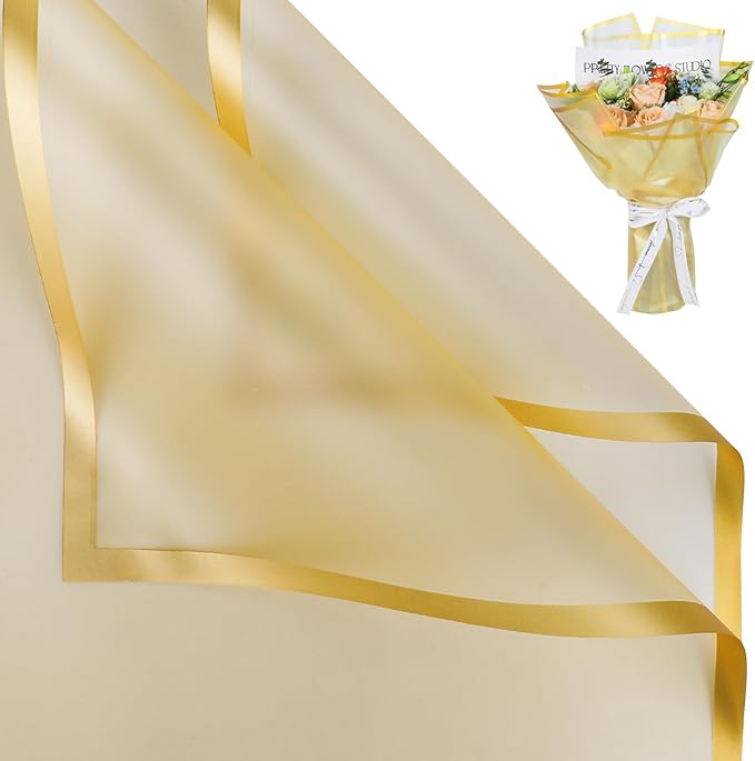 NESCCI 20 Sheet Flower Wrapping Paper - Waterproof Floral Bouquet Wrapping Paper, Florist Supplies Packaging Paper for Wedding Birthday Gift DIY (Translucent Gold)