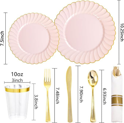 YOUBET 350PCS Pink Scalloped Plastic Plates - Pink and Gold Disposable Dinnerware Set Include 100 Plates, 150 Gold Silverware, 50 Cups, 50 Napkins for Wedding & Party