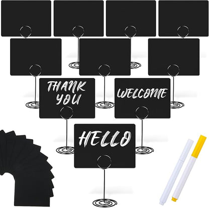 TecUnite 12 Pcs Mini Chalkboard Signs, 4"x3" Small Chalkboard Label with Metal Stand 2 Water Based Chalk for Food Buffet Tabletop Blackboard Sign for Party Bakery(Black,3.4 x 1.6 in)