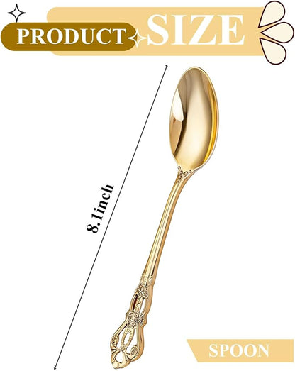 30PCS Gold Plastic Spoons - Gold Soup Spoons Disposable - 8.1 Inch Heavy Duty Plastic Silverware - Heavyweight Elegant Disposable Utensils for Catering, Parties, Dinners, Weddings