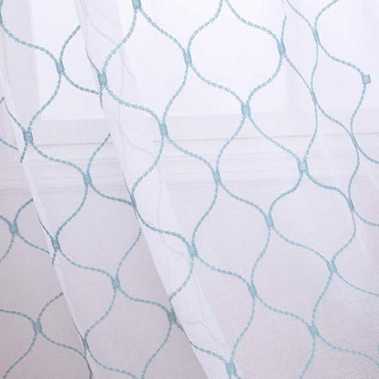 Embroidery Sheer Curtains Blue 95 Inches Long, Window Treatments Rod Pocket Drapes for Living room, Bedroom, Wave Diamond Crinkle Voile Curtain Panels for Yard, Villa, Parlor, Set of 2, 52"x 95".