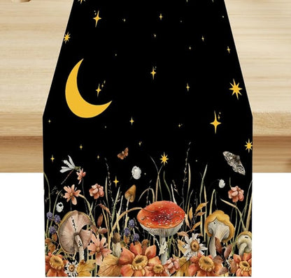 Mushroom Kitchen Table Runner, Gothic Moon Star Plants Witchy Moonlit Flower Butterfly Table Runner for Kitchen Party Living Room Drapes, 13x60 Inch Black