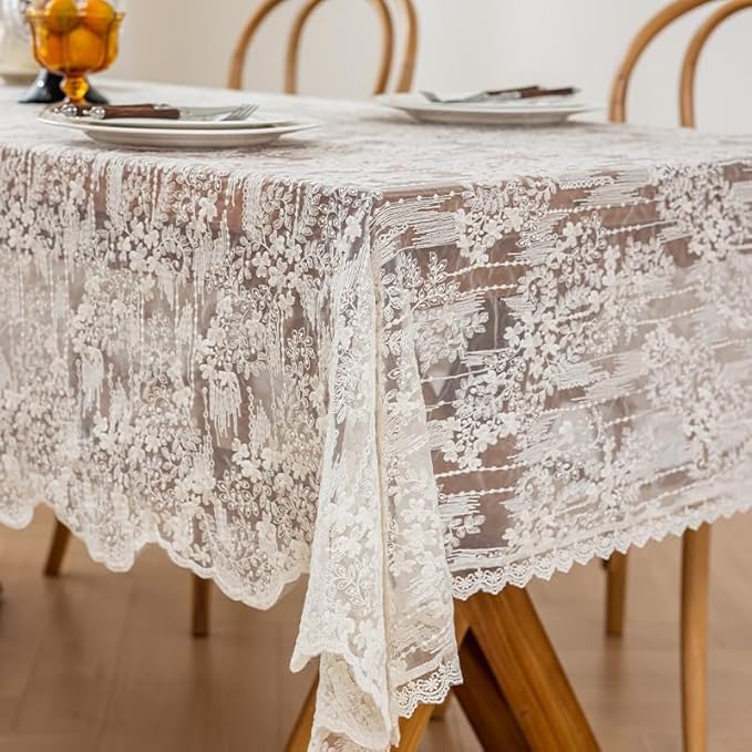 Lace Embroidered Tablecloth. Rectangle Lace Vintage Tablecloth Dustproof Table Protector for Kitchen Dining Room Party Banquet Home Picnic Wedding Decoration (Creamy White 78.5×53 inch)