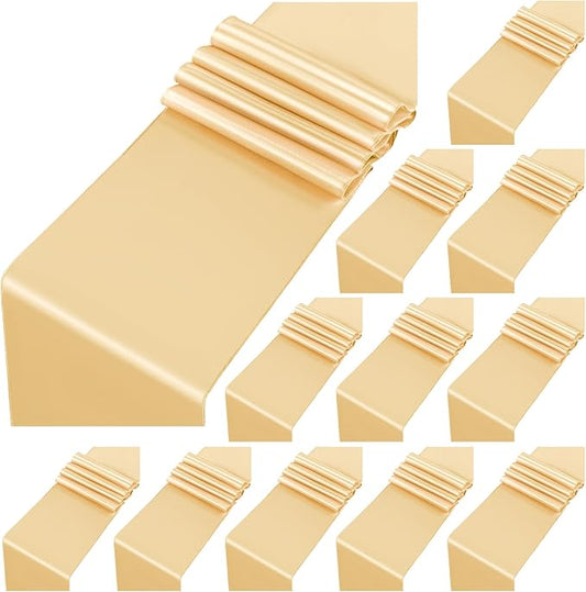 12 Pack Champagne Gold Satin Table Runner,12 x 108 inch Long Premium Smooth Table Runner for Wedding,Banquets,Birthday,Party,Graduation,Engagements,Table Runners fit Rectangle and Round Table