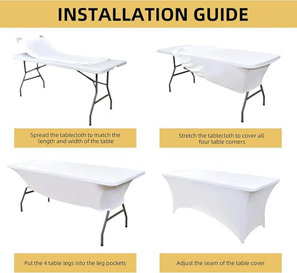 2-Pack 8ft White Spandex Table Covers for Rectangle Folding Tables - Washable Elastic Tablecloth - Ultimate Fitted Table Protector for Birthday Parties, Trade Shows, Banquet