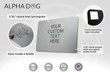 ALPHA DOG ADA SIGNS Custom ADA Compliant Braille Sign, 6"x9" Room Identification Plaque, Tactile Text, Raised Letters, Personalized 4-Line, Indoor/Outdoor, USA-Made (Brushed Stainless)