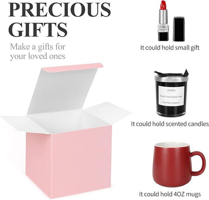COTOPHER Small Gift Boxes 100 Pack 4x4x4 inches Pink Gift Boxes with Lids for Gifts, Crafting, Wedding Party Favor, Cupcake Boxes, Candy, Bridesmaids Proposal Box with Ribbons and Stickers (Pink, 100