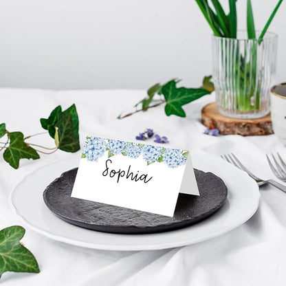 25 Pack Blue Floral Place Cards, Editable Name Cards for Table Setting, Tent Cards Food Label for Dinner Party, Bridal Shower, Wedding, Baby Shower and Events -T12