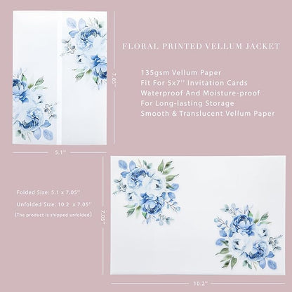 PONATIA 50PCS Vellum Jackets for 5x7 Invitation Cards- 135GSM Light Blue Floral Printed Vellum Sleeves, Quinceanera Wedding Invitation Cards Wraps, Transparent Christmas Gift Cards Jackets