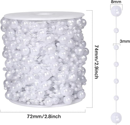98FT Pearl Beads String Garland, 8mm 3mm White Faux Pearl Beads Roll Strand Bulk for Wedding Party Flower Christmas Decoration DIY Craft