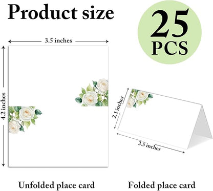 25 Pack White Flower Place Cards, Editable Name Cards for Table Setting, Tent Cards Food Label for Dinner Party, Bridal Shower, Wedding, Baby Shower and Events -T09