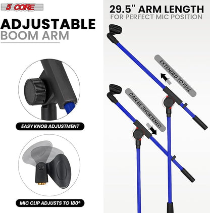 5 Core Tripod Mic Stand Floor Adjustable 18 to 72 Inches Sturdy Boom Arm Holder Microphone Stands Pedestal Para Microfono for Singing - MS 080 SKY D-BLU