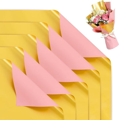 BEISHIDA 20Pcs Pink and Gold Double Sided Floral Wrapping Paper Matte Waterproof Flower Bouquet Wrapping Paper for Floral Wrap Florist Packing Supplies Birthday Valentine's Christmas Gift Wrapping