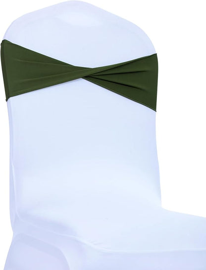 MDS Pack of 75 Spandex Chair Sashes Bows Elastic Stretch Dining Chair Bands Ties Without Slider Buckle Universal fits for Wedding Baby Shower Birthday Party Banquet Event Decoration - Olive Green