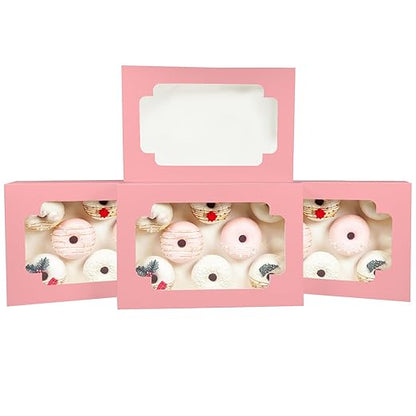 qiqee Auto-pop up Pink Cookie Box with Window 12x8x2.5 inch 32 Packs Two Uses One Second Folding Pastry Biscuit Bakery Box for Packaging