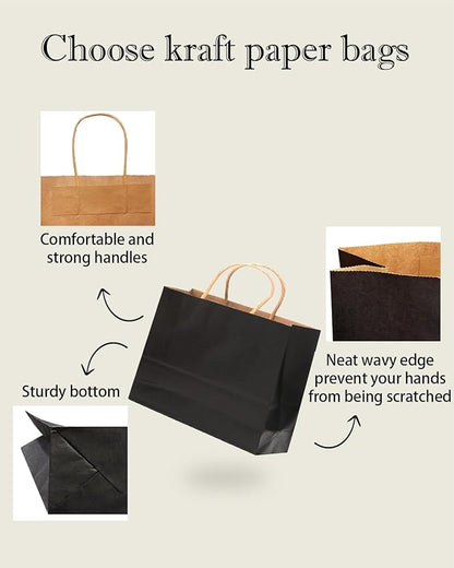 qiqee 50-Packs Black Paper Gift Bags with Handles Bulk 12.6"x4.3"x10" Wide Large Size Party Favor Bags Multiple Uses