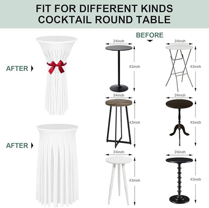 Cocktail Table Covers - 2 Pack 24"x 43" White Cocktail Table Tablecloth with Natural Wavy Round Skirt for Bar Wedding Party Banquet