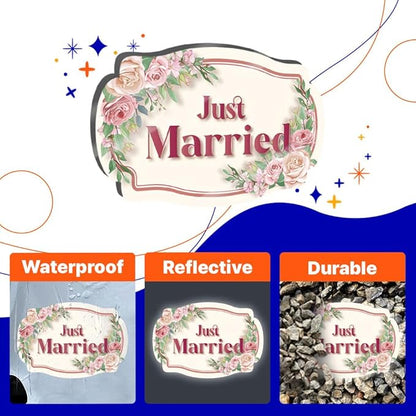 GEEKBEAR Just Got Married Car Magnet (2 Pack) - 13 x 8.7 in (Pink Ribbon)