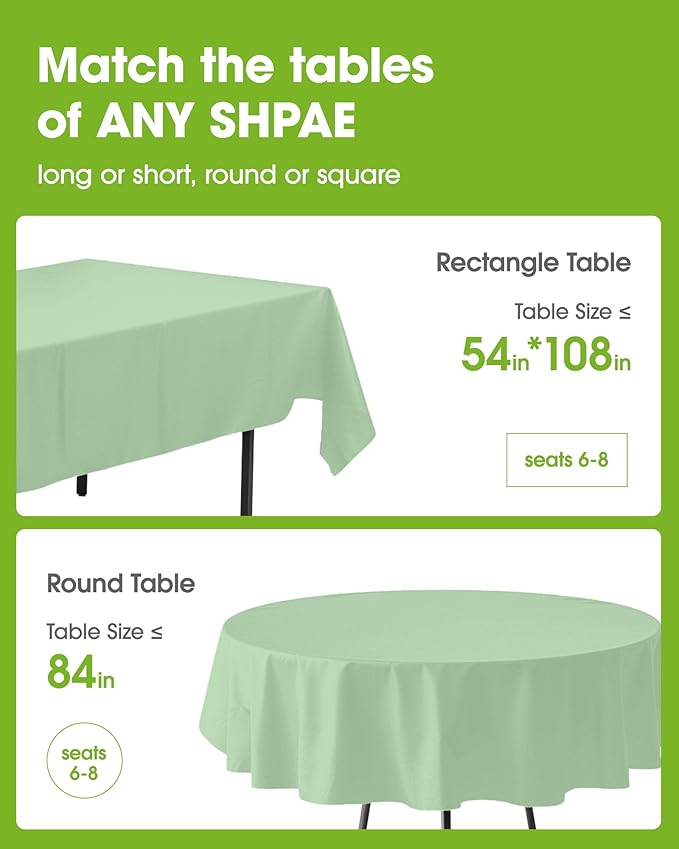 Pureegg Plastic Table Cloth Disposable 10 Pack, 54 x 108 Inch Table Cloths, Easter Party, Decorative Tablecloths, Rectangle, Light, Pastel Plastic Cover, Leakproof & Sturdy, Sage Green