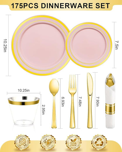 175PCS Pink Plastic Dinnerware Set, Disposable Party Plates for 25 Guests, Include: 50 Pink and Gold Plastic Plates, 25 Pre Rolled Napkins with Gold Silverware, 25 Cups for Wedding, Christmas