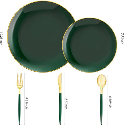 Liacere 150PCS Green Plastic Plates - Gold Plastic Silverware with Green Handle - Heavy Duty Fancy Plastic Plates Disposable Include 30 Guests Plates, Forks, Spoons, Knives for wedding＆Labor Day