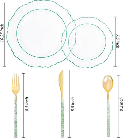 Liacere 150PCS Clear and Green Plastic Plates - Disposable Plates with Glitter Bamboo Handle Cutlery - 60 Baroque Elegant Plates,30Forks,30Spoons,30Knives for St. Patrick's Party