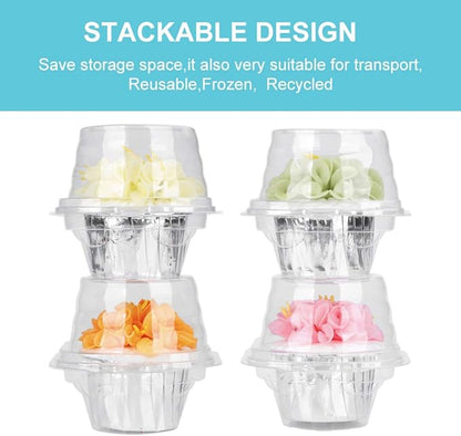 50 Pcs Cupcake Boxes Plastic Individual Cupcake Containers Single Cupcake Carrier with Connected Airtight Dome Lid for Party