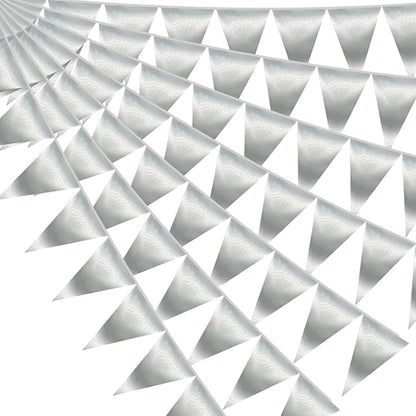 40M/130FT Silver Triangle Pennant Banner Flag Metallic Fabric Bunting Garland for Christmas Graduation Wedding Engagement Anniversary Bachelorette Birthday Bridal Shower Valentines Hen Party Supplies