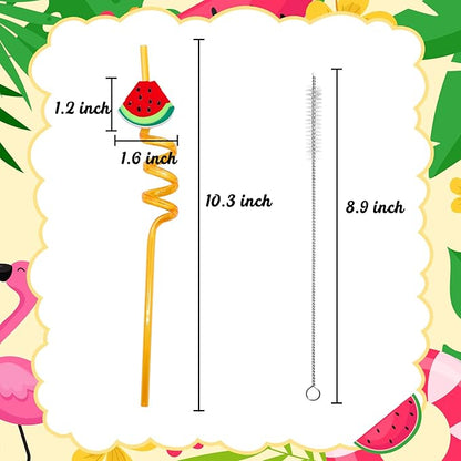 Summer Reusable Drinking Straws 24 Packs Pool Party Decorations Beach Fruit Party Favors Hawaiian Tropical Straws Goodie Bag Gifts for Birthday Party Supplies with 2 Cleaning Brushes
