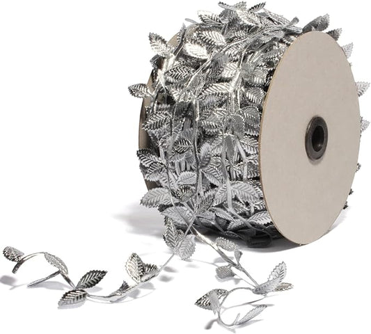 BASOKAN Silver Leaves Leaf Ribbon Trim Rope - 20 Yards - for Garland DIY Crafts and Party Wedding Home Decorations