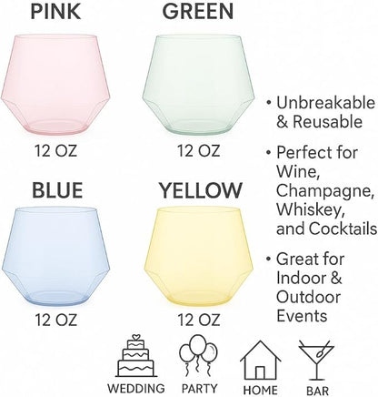 40 count Diamond Unbreakable Stemless Plastic Wine Champagne Whiskey Glasses Elegant Durable Disposable Indoor Outdoor Ideal for Home, Office, Bars, Wedding, 12 Ounce Cups Gold Rim (Color Collection)