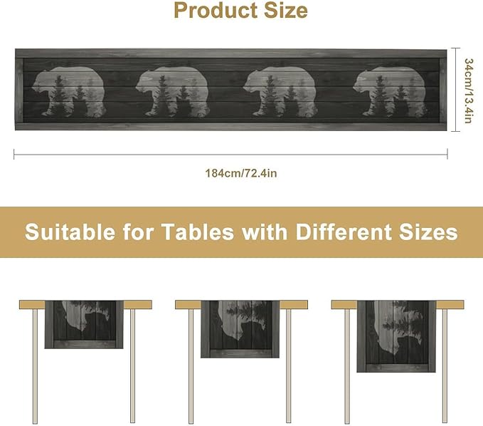 Rustic Country Bear Table Runner, Black Wood Wooden Cabin Wild Animals Hunting Table Cloth for Home Kitchen Dining Table Runner 13x70 Inch