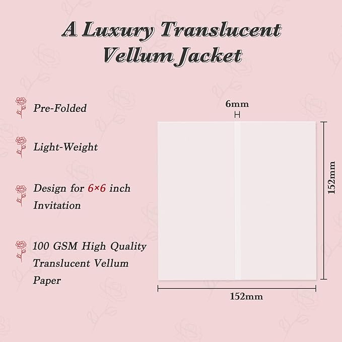 60 Pack Pre-Folded Vellum Jackets for 6x6 Invitations, Translucent Vellum Paper 6x6 Jackets, 100GSM Wedding Invitations Wraps, Envelope Liners for Birthdays, Baby Showers