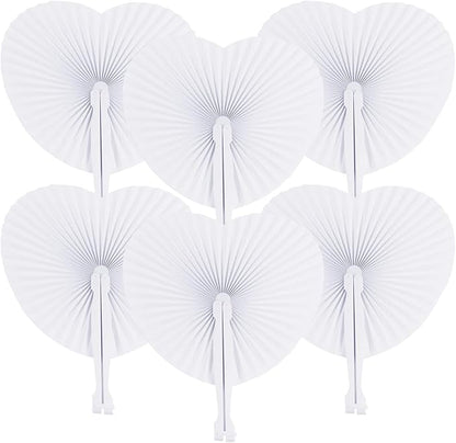 ZWIN 48 Pcs Heart Shaped Paper Fans for Wedding Pocket Folding Paper Fans with Plastic Handle White Blank Fans for Guest Celebration Party Decoration