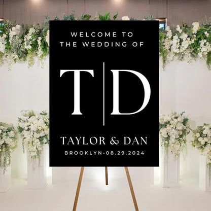 Elegant Custom Wedding Welcome Sign With Stand - Black, Minimalist Design