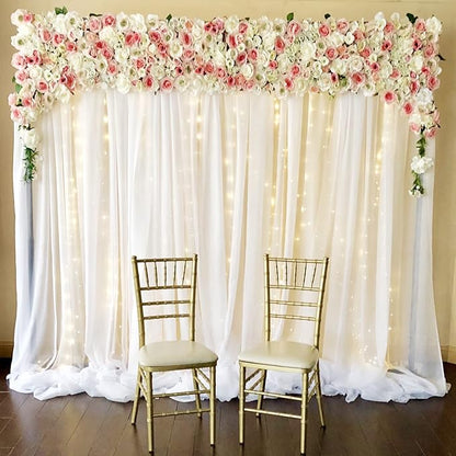10ft x 7ft White Chiffon Backdrop Curtain with Lights String for Parites Wedding Wrinkle Free Curtain Photo Backdrops Drapes for Baby Shower Birthday Party Home Decorations
