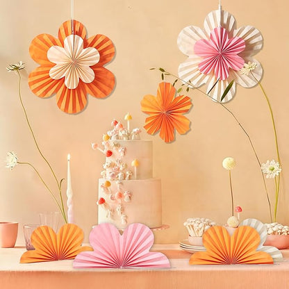 Paper Flowers Decorations for Wall Orange Paper Fans Classroom Decoration Paper Floral Backdrop Decor Paper Fans Decoration Hanging Paper Fans Pink Flower Wall Decor, Set of 9