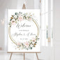 Personalized Wedding Welcome Sign, Gold Circle Pink Flowers Wedding Sign Signage 12" X 18" (Small), 27" (Medium), 36" (Large), Plastic, Modern, Pole Mount, Weather