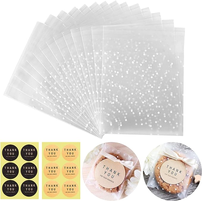 Self Adhesive Cookie Cellophane Treat Bags with Seal 5.5x5.5 Inches, 4 Mils Self Sealing Resealable Individual Plastic Packaging Bags with Thank You Labels for Gift Giving Party Favor Candy 100 Pcs