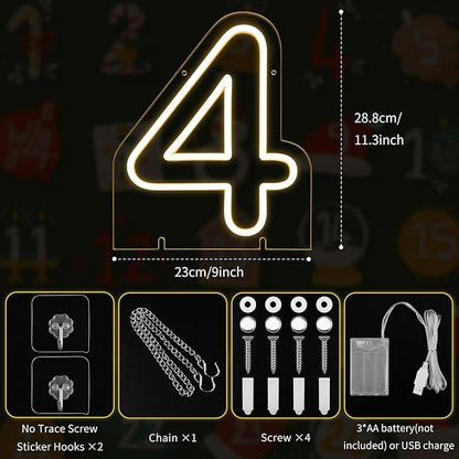 Number 4 LED Neon Sign Backdrop Birthday Party Decoration, 11.3" Height Warm White Marquee Numbers Four Light Up Sign for Wedding Anniversary Window Wall Table, Indoor Battery Operated or USB